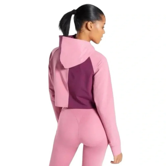 Gymshark Asymmetrical Performance Hoodie Dusty Pink Dark Ruby Colorblock Crop M - Picture 2 of 13